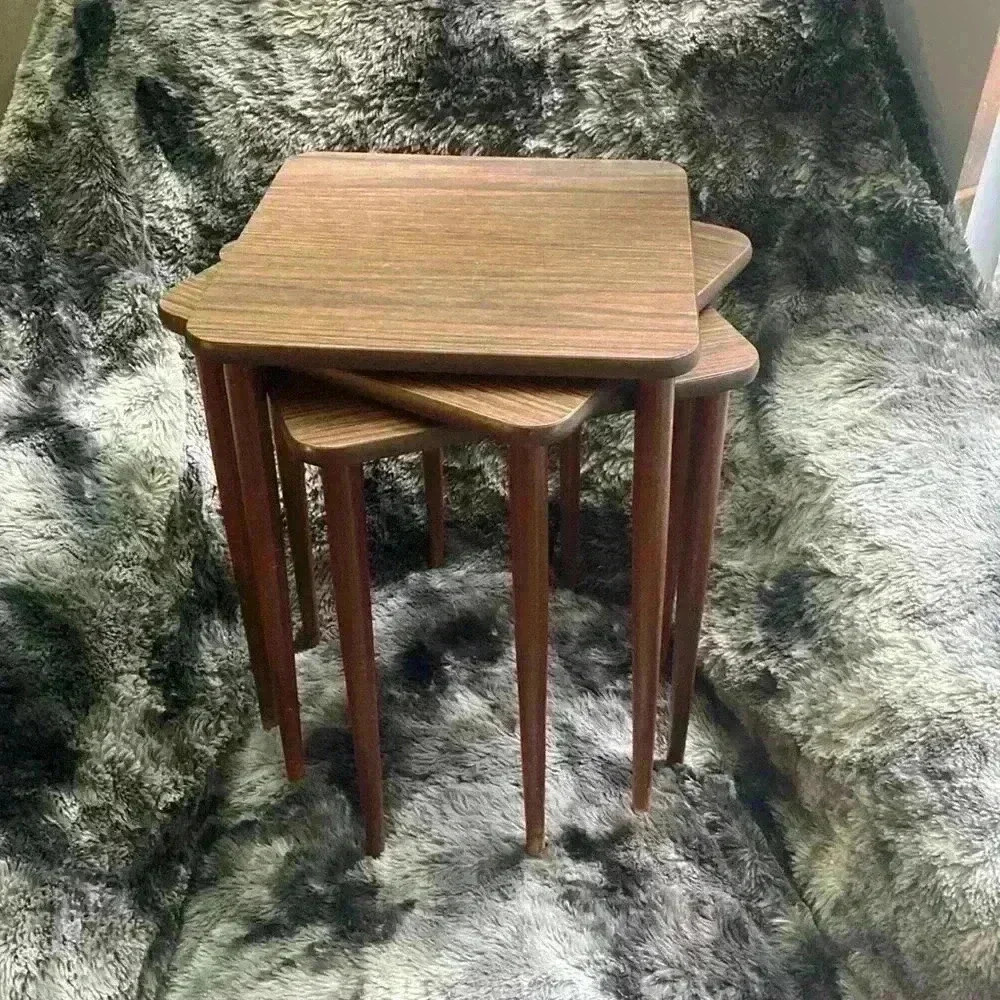 Set of  3 Mid Century Danish Modern Wood Formica Stacking Nesting
Tables